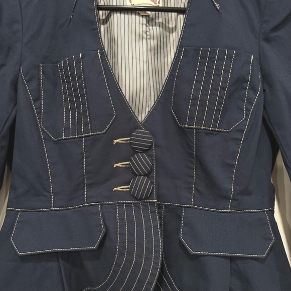 Nanette Lepore Navy Blue Contrast Stitch Peplum Blazer Jacket Size 0 Steampunk‎ - Picture 2 of 6